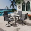 MELLCOM 5-Piece Outdoor Dining Set, 4 Swivel Rocker Chairs with High Back Textilene & Square Metal Dining Table with Umbrella Hole, Patio Furniture Set for Porch, Garden, Backyard, Deck, Grey