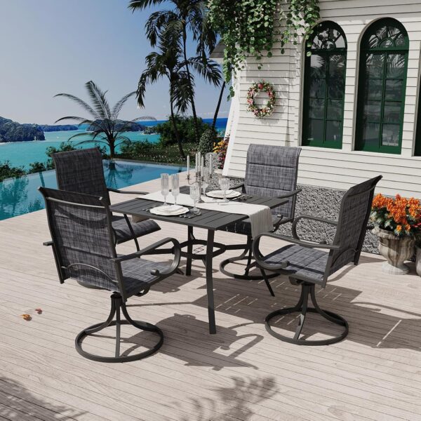 MELLCOM 5-Piece Outdoor Dining Set, 4 Swivel Rocker Chairs with High Back Textilene & Square Metal Dining Table with Umbrella Hole, Patio Furniture Set for Porch, Garden, Backyard, Deck, Grey