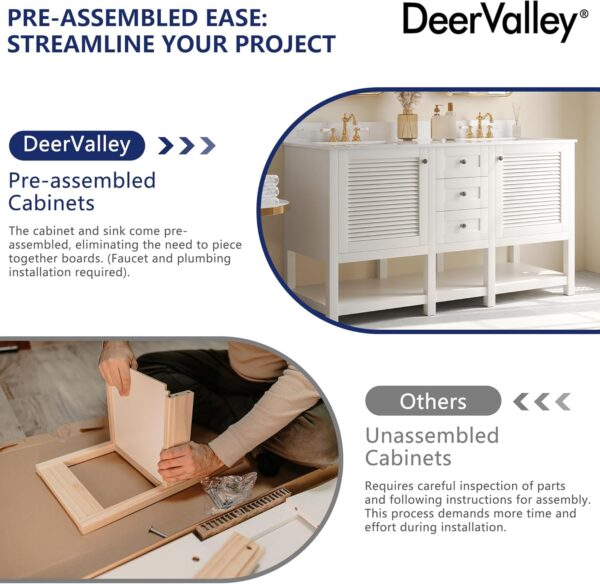 Deer Valley 60'' Bathroom Vanity with Double Sink Top, Pre-Assembled Modern Wood Bathroom Cabinet Sink Combo with Backsplash, Soft Closing Doors, Multifunctional Storage Space Vanity (White)