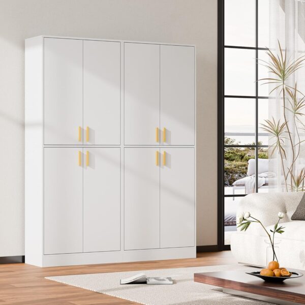 Cozy Castle Kitchen Pantry Cabinet, 71" Tall Wood Storage Cabinet with Doors and Shelves 4 Doors Freestanding Cupboard Utility Hutch for Dining Room Living Room Bathroom Furniture, White