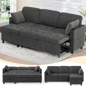 84" Fabric Pull Out Sofa Bed w/Adjustable Backrest, L-Shape Modern Sleeper Sofa w/Reversible Chaise, Upholstered Sectional Couch w/USB Port and Side Pockets for Living Room, House, Grey