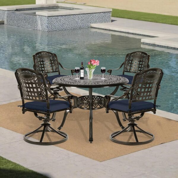 VIVIJASON 5-Piece Outdoor Patio Dining Set, All-Weather Cast Aluminum Conversation Set, Patio Furniture Set for Backyard, Include 4 Swivel Chairs, 38.5" Round Table w/Umbrella Hole, Navy Blue Cushion