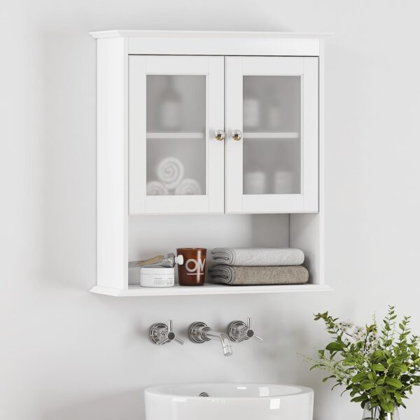 Spirich Bathroom Cabinet Wall Mounted, Medicine Cabinet Organizer with Glass Doors and Adjustable Shelves, Bathroom Wall Cabinet Over Toilet, White
