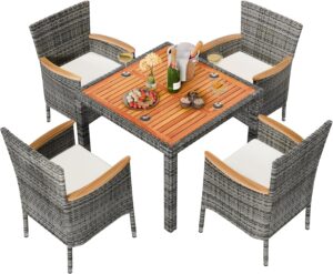 Shintenchi 5 Piece Patio Dining Set, Wicker Patio Conversation Set with Wooden Table Top, Outdoor Table and Chairs with Soft Cushions for Backyard, Deck and Garden, Grey Wicker