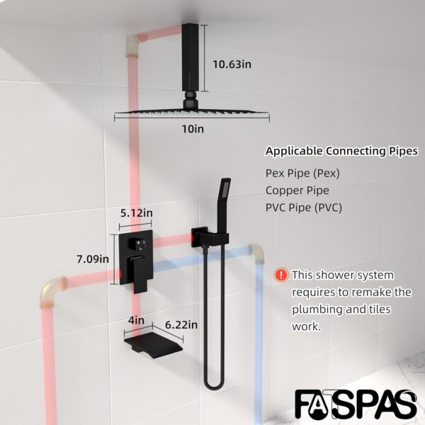 10 Inch Ceiling Mount Shower System with Tub Spout, 10 Inch Shower Faucet Set with Rain Shower Head High Pressure Handheld Spray Rough-in Valve and Shower Trim Included, Matte Black