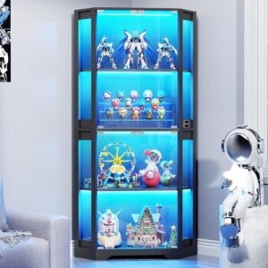 Corner Display Cabinet with Glass Doors, 65" Lighted Curio Cabinet with 3 Color Lights for Collectibles, 4-Tier Display Case with Human Body Sensor for Toys, Books, Black (New Version)