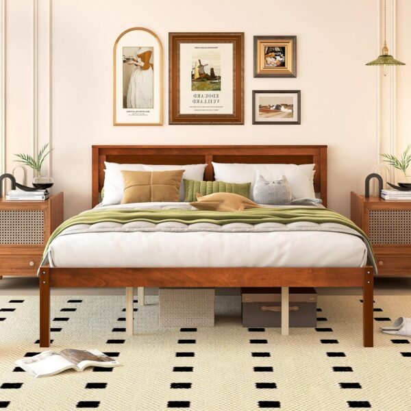 Giantex Queen Wood Platform Bed Frame with Headboard, Mid Century Queen Bed Frame with Wood Slat Support, Solid Wood Foundation with 16" Under Bed Storage, No Box Spring Needed, Easy Assembly