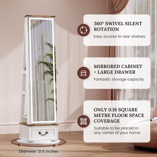 LVSOMT LED Mirror Jewelry Cabinet Standing, 360°Swivel Jewelry Armoire with Full Length Mirror, Mirror with Jewelry Storage and Large Wooden Drawer for Christmas Gifts (Farmhouse White)