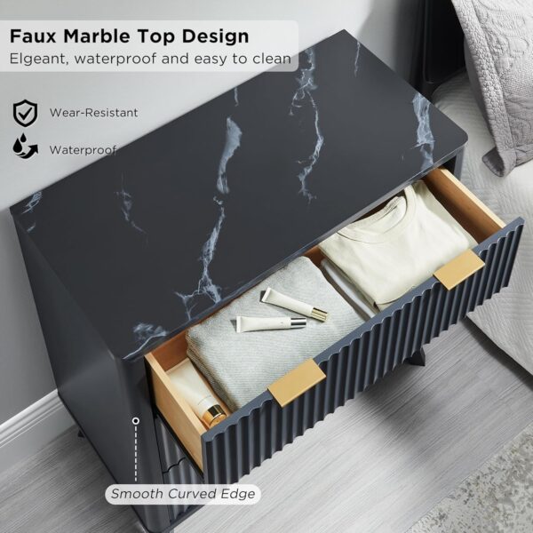 T4TREAM 32" Tall Fluted Nightstand Set of 2, Modern Side Table with Faux Marble Top, 3 Drawers End Table w/Storage, Bedside Table for Bedroom, Living Room, Curved Profile Design, Dark Grey