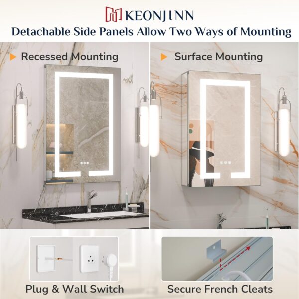 Keonjinn 48 x 32 Inch Lighted Medicine Cabinet for Bathroom with Outlets, Anti-Fog Lighted Medicine Cabinet with Mirror 3 Colors Dimmable, Tempered Glass 2-Side Front Lit Bathroom Mirror with Storage