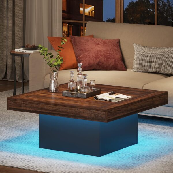 Tribesigns Coffee Table Square LED Coffee Table Engineered Wood Low Coffee Table for Living Room Rustic Brown & Black