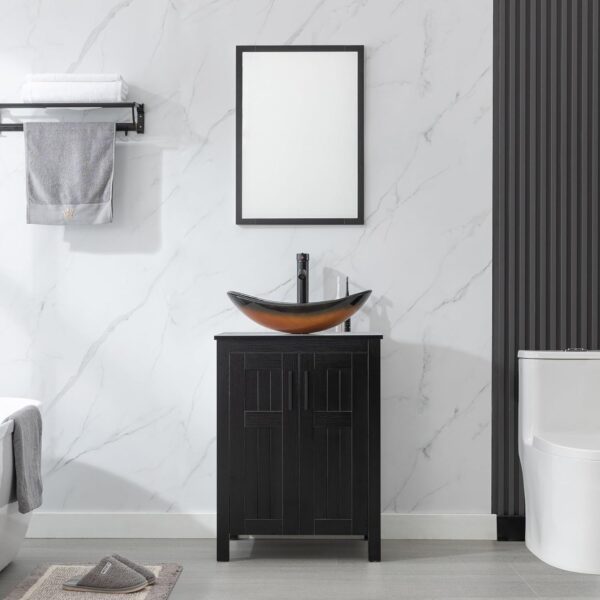 eclife 24" Bathroom Vanity Sink Combo Modern Freestanding Cabinet W/Straight Lines Brown Boat Tempered Glass Vessel Sink & ORB Water Save Faucet & Solid Brass Pop Up Drain (A29BR B50)