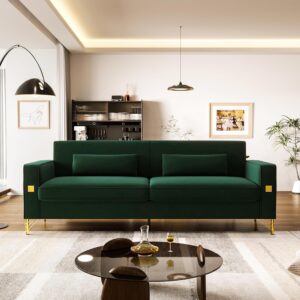85.63'' Mid-Century Modern Green Velvet Sofa Couch with Metal Gold Legs, 3 Seater Tufted Loveseat Couches with 2 Lumbar Pillows for Living Room and Apartment