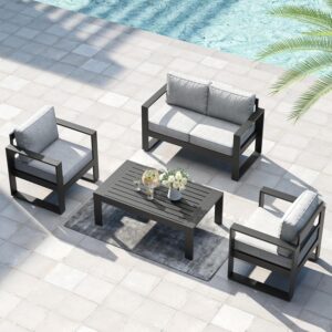 LayinSun 4 Pieces Aluminum Outdoor Patio Furniture Set, Metal Modern Conversation Sofa Set with Coffee Table and Washable Thick Cushions for Porch, Backyard, Deck