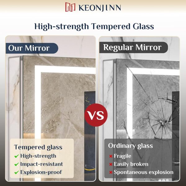 Keonjinn 48 x 32 Inch Lighted Medicine Cabinet for Bathroom with Outlets, Anti-Fog Lighted Medicine Cabinet with Mirror 3 Colors Dimmable, Tempered Glass 2-Side Front Lit Bathroom Mirror with Storage