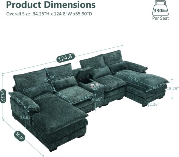 U Shaped Sectional Sofa, 124.8" Green Cloud Couch for Living Room, Fluffy Modern Modular Couch with Storage, Comfy Lounge Sofas for Office, Apartment