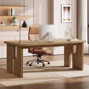Tribesigns 63-Inch Executive Desk, Farmhouse Office Computer Desk with Unique Legs, Industrial Writing Workstation Business Furniture for Home Office, Light Brown