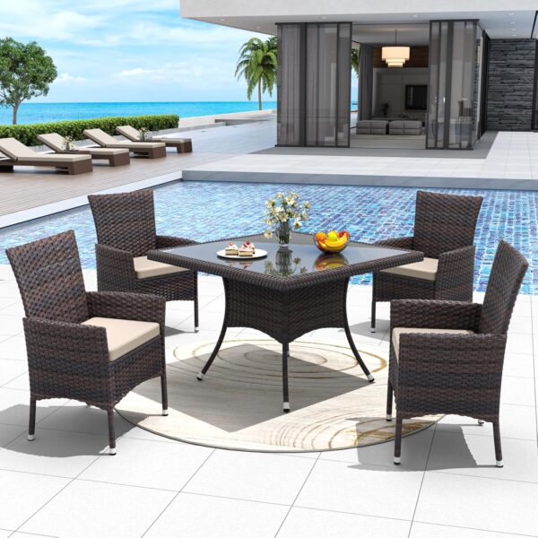 ALAULM 5 Piece Patio Dining Set All-Weather Wicker Outdoor Patio Furniture Set w/Tempered Glass Tabletop, Removable Cushions and Umbrella Hole for Patio, Backyard, Garden, Poolside（Brown）