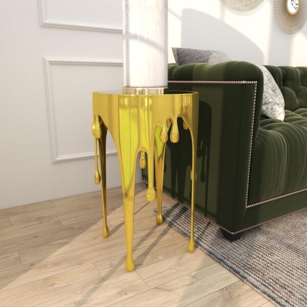 Deco 79 Aluminum Metal Abstract Melting Drip Accent Table with Melting Design and Shaded Glass Top, 16' x 16' x 25', Gold