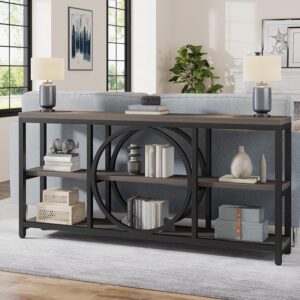 Tribesigns 70.9 inch Sofa Console Table, Extra Long Narrow Entryway Tables with 3 Tier Wood Storage Shelves Metal Frame for Foyer Hallway Living Room Behind Couch, Black Rustic Gray