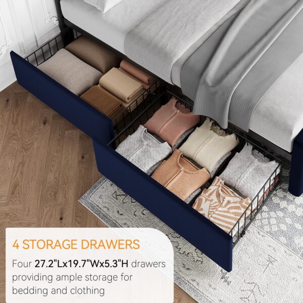 IDEALHOUSE Queen Size Bed Frame with 4 Storage Drawers and Headboard, Velvet Upholstered Platform Bed Frame with Wooden Slats Support, Button Tufted Design, No Box Spring Needed, Blue