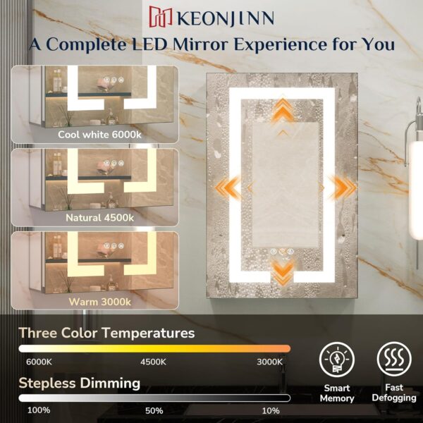 Keonjinn 48 x 32 Inch Lighted Medicine Cabinet for Bathroom with Outlets, Anti-Fog Lighted Medicine Cabinet with Mirror 3 Colors Dimmable, Tempered Glass 2-Side Front Lit Bathroom Mirror with Storage