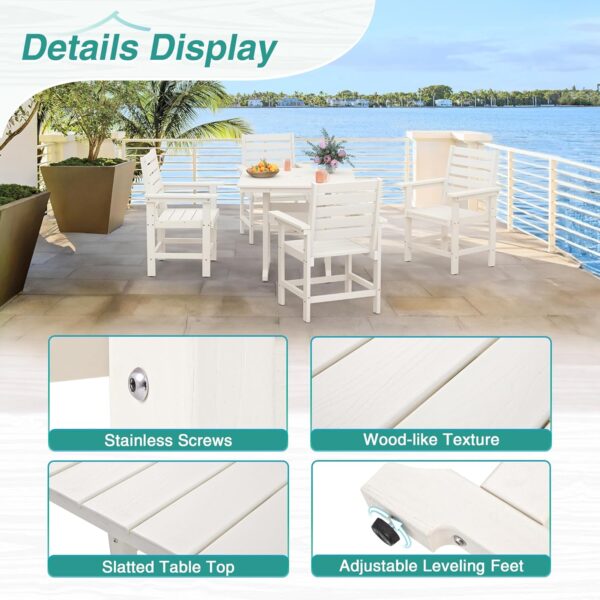 Patio Table and Chairs Set 5 Pieces, HDPE Weather Resistant Outdoor Dining Set, Square Outdoor Dining Table with 4 Patio Chairs, Patio Dining Set for Balcony, White