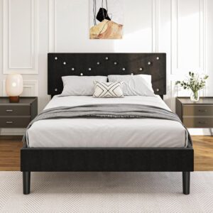 Modern Black Queen Size Platform Bed Frame with Headboard - Upholstered Button-Tufted Design, No Box Spring Needed, Easy Assembly