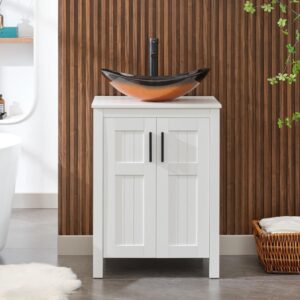 UEV White 24" Bathroom Vanity with Sink Combo,Modern Freestanding Sink Cabinet,Stylish Bathroom Vanity Cabinet,Grooved Double Doors,Metal Handles,Modern Brown Boat Tempered Glass Vessel Sink (029BR)