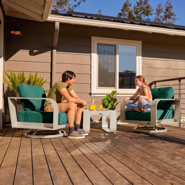 EAST OAK Signature 3 Pieces Patio Furniture Set, Outdoor Furniture with Aluminum Frame and Teak Wood Armrest, Thick Outdoor Sofa and Coffee Table, Modern Patio Conversation Set, Champagne Gold & Green