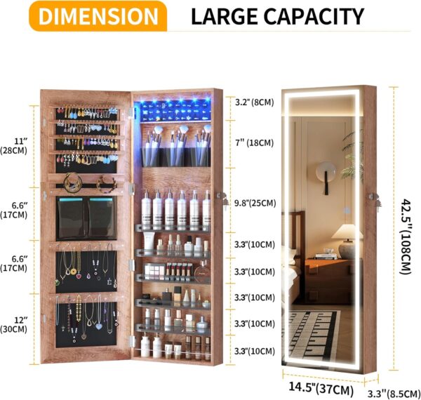 LVSOMT LED Wall/Door Mounted Jewelry Cabinet Armoire, Full Length Mirror with Lights, Lockable Storage Organizer, Over the Door Hanging Dressing Body Mirror (Wood)