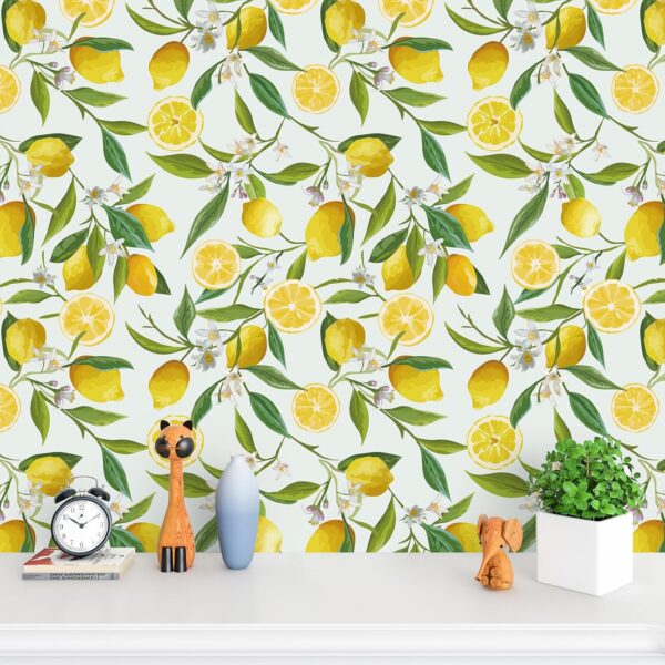 VEELIKE Lemon Peel and Stick Wallpaper Floral 17.7''x118'' Removable Self Adhesive Decorative Fresh Citrus Leaf Prints Floral Wallpaper Vinyl for Nursery Bedroom Kitchen Walls Cabinets Shelf Liners