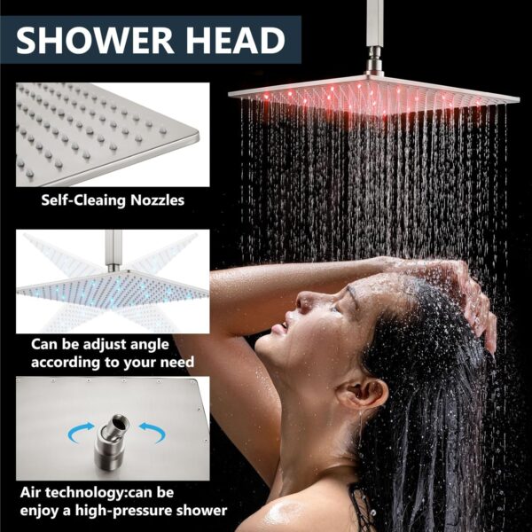 Aolemi Ceiling Mount Shower Faucet Set with Handheld Spray High Pressure Shower Faucets Sets Complete Rough-in Valve and Shower Trim Kit System Included Rainfall Brushed Nickel 16 Inch LED Shower Head