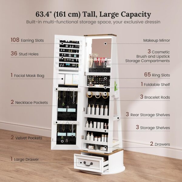 LVSOMT LED Mirror Jewelry Cabinet Standing, 360°Swivel Jewelry Armoire with Full Length Mirror, Mirror with Jewelry Storage and Large Wooden Drawer for Christmas Gifts (Farmhouse White)