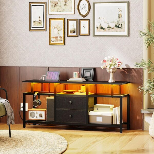 TV Stand with LED Light and Power Outlets, Entertainment Center with Fabric Drawers and Open Shelves, TV Cabinet for TVs up to 50 Inch, Media Console for Living Room, Bedroom, Black DS03UDBB