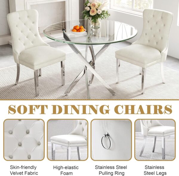 36" Round Glass Dining Table Set for 4, 5-Piece Modern Kitchen Table with 4 White Velvet Chairs, Modern Circle Leisure Table for Home Office Dining Room Small Spaces (Silver Leg)