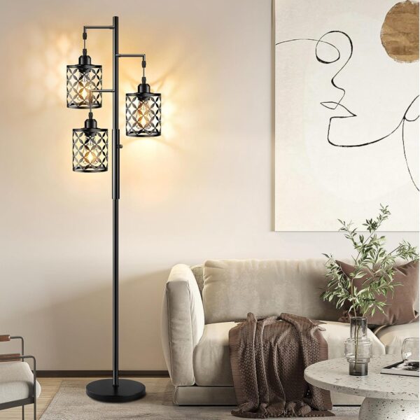 68" Dimmable Floor Lamp, Farmhouse Standing Lamp with Elegant Metal Cage, Industrial Tall Tree Floor Lamps for Living Room, Bedroom, Study Room, Office (2000LM LED Bulbs Included) - Black