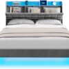 VASAGLE Queen Size Floating Bed Frame with LED Lights, Queen Bed Frame with Charging Station, Tufted Storage Headboard, Upholstered Platform Bed Frame, No Box Spring Needed, Light Gray URMB851G01