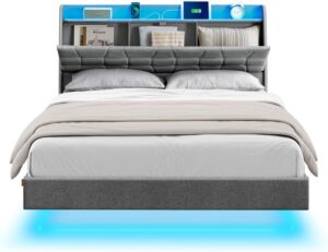 VASAGLE Queen Size Floating Bed Frame with LED Lights, Queen Bed Frame with Charging Station, Tufted Storage Headboard, Upholstered Platform Bed Frame, No Box Spring Needed, Light Gray URMB851G01