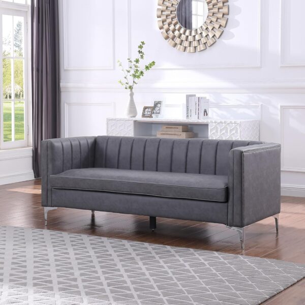 Morden Fort Faux Leather Couch, 71" W Modern Faux Leather Office Sofa Easy to Clean with Highly Wear Resistant Seats and Metal Legs, 3 Seater Couches for Living Room Apartment Lounge Grey