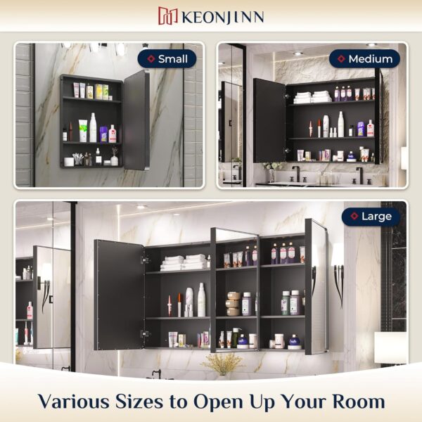 Keonjinn 20 x 32 Inch Black Mirrored Medicine Cabinet, Recessed Medicine Cabinets for Bathroom, Gloss Black Stainless Steel Framed, Adjustable Shelves, In Wall or Surface Mount, Sturdy & Heavy, Modern