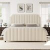 Queen Size Platform Bed Frame with 50.2" Headboard, Velvet Upholstered Bed Frame Queen with Vertical Channel Tufted Headboard & Footboard, Nailhead Trim, No Box Spring Needed, Cream
