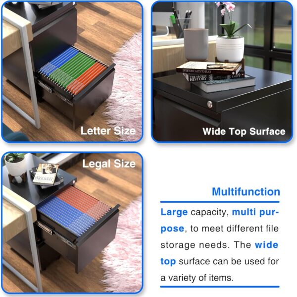 Aobabo 2 Drawer File Cabinet, Lockable Metal Filing Cabinet with Wheels for Home Office, Legal/Letter Size, Fully Assembled Except Wheels, Black