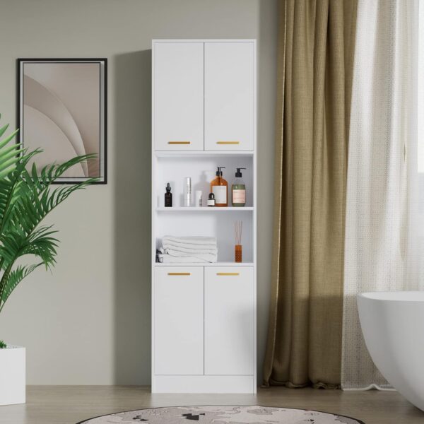 Cozy Castle Kitchen Pantry Cabinet, 75" Tall Wood Storage Cabinet with Doors and Shelves, 4 Doors Open Countertop Utility Hutch Cupboard for Dining Room Living Room Bathroom Furniture, White