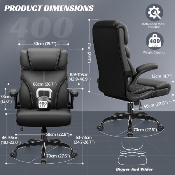 Office Chair, Ergonomic Big and Tall Computer Desk Chairs, Executive Breathable Leather Chair with Adjustable High Back Flip-up Armrests, Lumbar Support Swivel PC Chair with Rocking Function