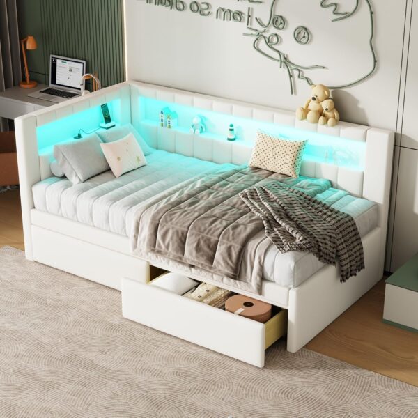 Merax Modern Upholstered Platform Bed Frame with USB Ports & Storage Drawers, Floor Sofa Day Bed, No Box Spring Needed/Easy Assemble/Twin,White