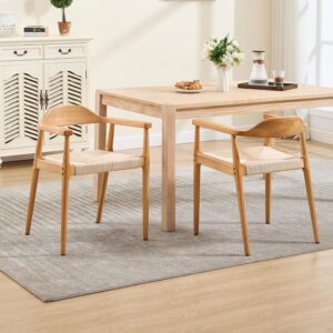 Wahson Mid Century Dining Chairs Set of 2, Natural Wood Modern Kitchen Chairs with Arms, Woven Rope Dining Table Chairs with Hemp Seat