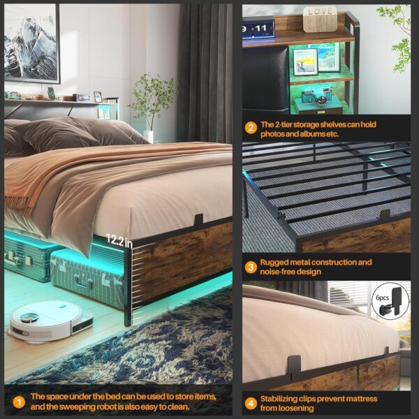 Unikito Cool Queen Size Bed Frame with RGB LED Lights and Power Outlets, Sturdy Platform Bed with Storage Upholstered Headboard, Strong Metal Slats, No Box Spring Needed, Easy Assembly, Vintage