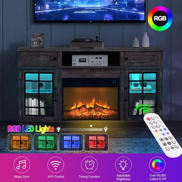 81d3lkFS0PL._AC_SL1500_.jpg Curved Fireplace TV Stand with LED Light for TVs Up to 65", Entertainment Center with 23" Electric Fireplace, TV Stand with Glass Door Storage Cabinets & Open Shelves for Living Room, Black