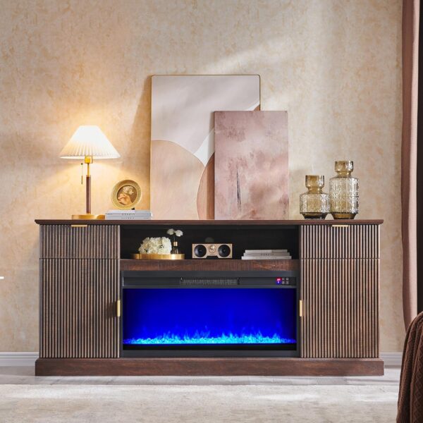 Fluted Fireplace TV Stand for TVs Up to 80 inch, Modern Entertainment Center with 36" Electric Fireplace, Wood Media Console w/Drawers and Adjustable Shelves for Living Room, Brown